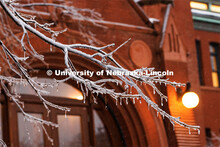 Ice and snow cover campus and are back lighted by the lights on Architecture Hall. January 19, 2023.