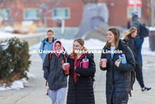 Kelli Kaufman from Geneva, Illinois, and Avery Knoll from West Bend, Wisconsin, head for class on th