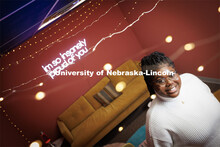 Odelia Amenyah smiles for a photo in the College of Journalism's Experience Lab. Amenyah is a senior