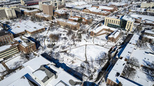 Aerial view of the snow on City Campus. A snowy Friday on city campus. February 17, 2023. 
