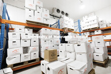 Hannah Klitz shifts boxes from their beef packer in the freezer. Hannah and Eric Klitz run Oak Barn 