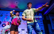 Addy Timmerman and Luke Woosley sing to the crowd during Huskerthon 2023. University of Nebraska–L