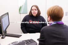 Career Advisor Lauren Holt works with a student. Explore Center photo shoot. March 22, 2023. 