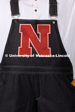 Closeup of Herbie's overalls with the big red N for Nebraska. New Herbie photoshoot. April 7, 2023. 