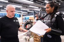 Freshman acting major Sydney Kwasa, left, reviews lines with actor Michael Taylor-Stewart before fil