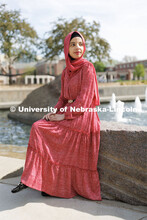 Sukaina Al-Hamedi, Husker Dialogue speaker is photographed outside the Nebraska Union by the Broyhil