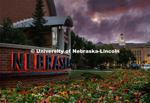 City Campus Van Brunt Visitors Center and Love Library with dark clouds in the sky. August 13, 2023.