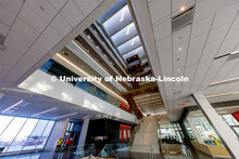 First floor view of the atrium and six story staircase. Kiewit Hall. January 16, 2024. 