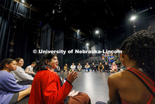 Susan Levine Ourada talks to the dancers before rehearsals. Rehearsal for Evenings of Dance in the J