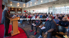 Chancellor Rodney D. Bennett (at podium) addresses Athletics staff during a meeting at Memorial Stad