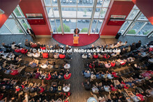 Chancellor Rodney D. Bennett (at podium) addresses Athletics staff during a meeting at Memorial Stad