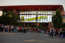 The Cornchella logo is shown on the Jumbo Tron in the Nebraska Training Complex. 2024 Homecoming cel