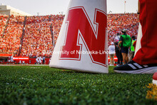 Closeup of the cheer squad’s megaphone on the turf at the Nebraska vs Rutgers homecoming football 