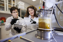 Nicole Buan, Professor in Biochemistry, and Connor Hines, graduate student in biochemistry, discuss 