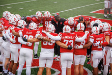 The defensive Line huddle up together at the Nebraska vs UCLA football game. November 2, 2024. 