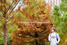 A student walks towards Love Library. On campus. November 4, 2024. 