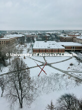 High angle view of City Campus coverend in snow looking east toward Love Library. Snow on City Campu