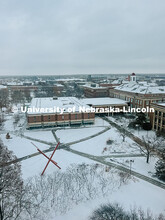 High angle view of City Campus coverend in snow looking east toward Love Library. Snow on City Campu