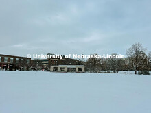 The green space between the Union and the Kauffman Academic Residential Center is covered in snow. S
