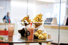 Two freshly-stuffed plushies sit on a table in front of the HuskerTech store in the City Campus Unio