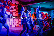 Huskerthon kids and participants dancing to the wobble on the stage at the 2025 Huskerthon rave. Hus