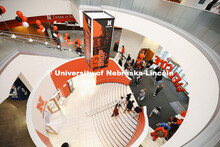 High angle view of the Nebraska Union stairwell is decked out in balloons at the Admitted Students D