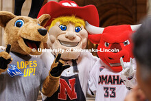 College mascots, Louie the Loper, Herbie Husker, and Durango pose for a picture together during the 