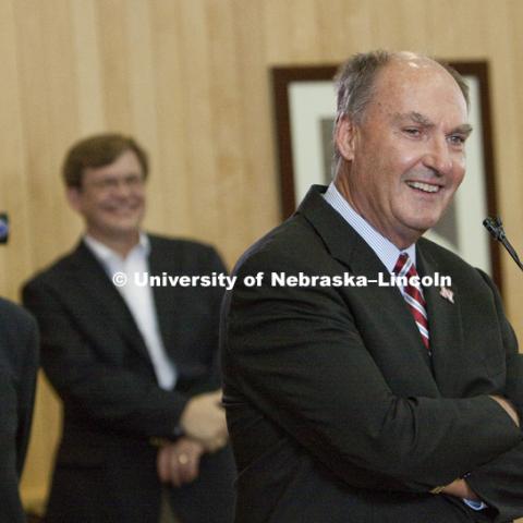 Big Ten Commissioner James E. Delany was all smiles when talking about the Huskers joining the Big Ten.  UNL Chancellor Harvey Perlman and Dean of Admissions Alan Cerveny listen in the background. The University of Nebraska–Lincoln joined the Big Ten Conference today. Photo by Craig Chandler / University Communications