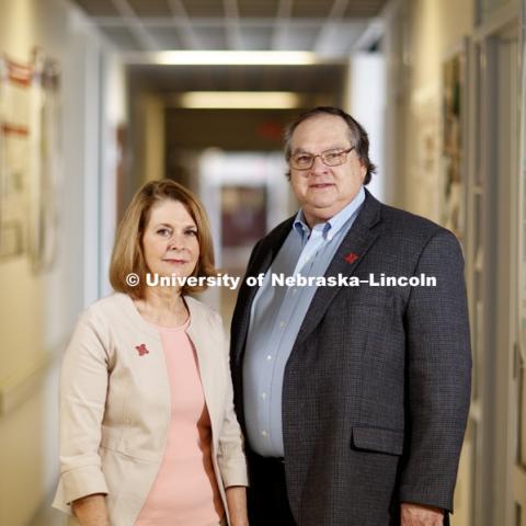 Concetta DiRusso and James Takacs photographed in Beadle Hall outside DiRusso's lab. June 21, 2017. Photo by Craig Chandler / University Communication.