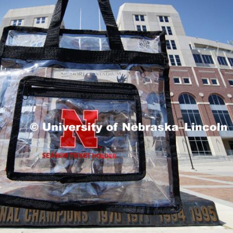 Clear Stadium bag in front of East Memorial Stadium. August 25, 2017. Photo by Craig Chandler / University Communication.