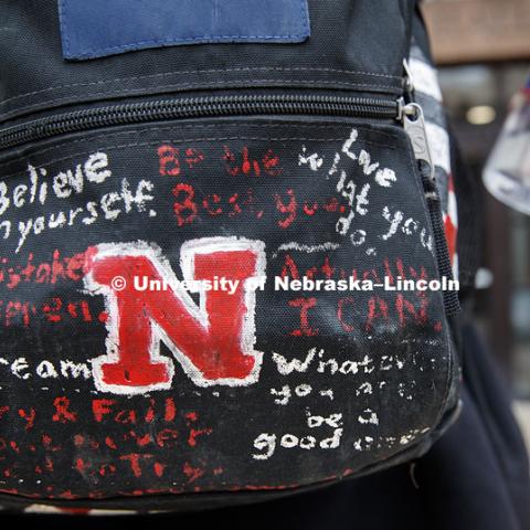 Larisa Epp has had the same backpack for all four years here at UNL and has decorated it during her time. Epp is a senior in graphic design and advertising, Undergraduates submitting work to be judged for an art show in Richards Hall. January 31, 2018.
