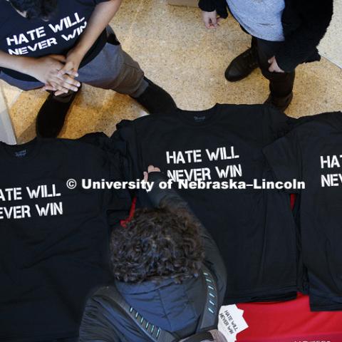 10,000 Hate Will Never Win shirts being handed out at the Gaughan Center in preparation for the rally. February 13, 2018. Photo by Craig Chandler / University Communication.