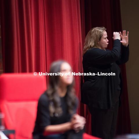 Barbara Woodhead, Assistant Director for Services for Students with Disabilities, signs at the E.N. Thompson Forum with Misty Copeland. February 13, 2018. Photo by Greg Nathan, University Communication Photography.