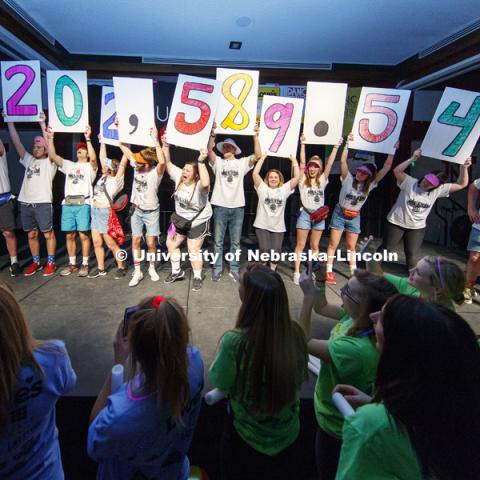 The marathon total of $202,589.54 is revealed on the ballroom stage shortly before midnight Saturday. 1274 Nebraska students signed up to be part of the Huskerthon Dance Marathon for Children's Hospital in Omaha. February 17, 2019. Photo by Craig Chandler