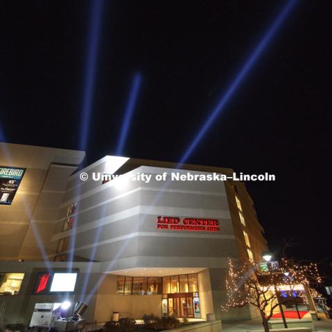 Exterior of the Lied Center for Performing Arts at night. February 17, 2019. Photo by Craig Chandler / University Communication.