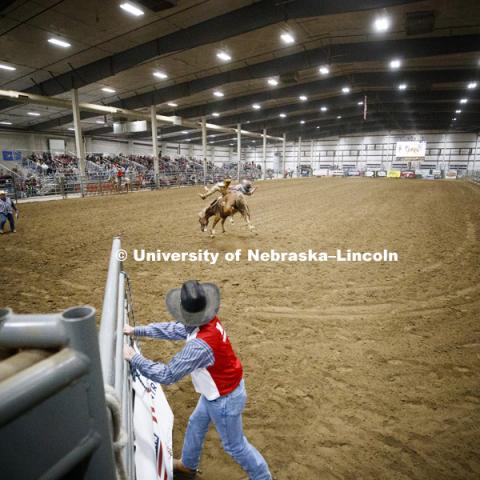 Bareback competition. (Non UNL student) 60th anniversary of the University of Nebraska-Lincoln Rodeo Club. April 20, 2018. Photo by Craig Chandler / University Communication.