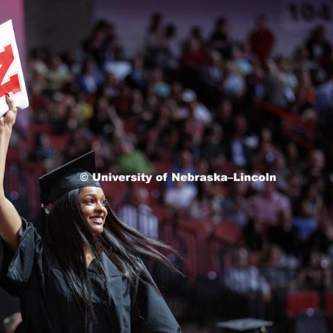 Pyton Moracek celebrates her CEHS degree. Undergraduate Commencement at Pinnacle Bank Arena. May 5, 2018. Photo by Craig Chandler / University Communication.