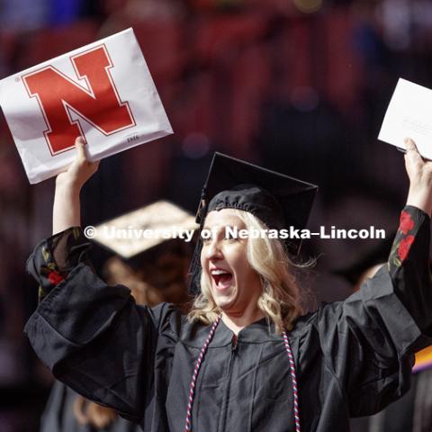 Madeline Klasi celebrates her Arts and Sciences degree. Undergraduate Commencement at Pinnacle Bank Arena. May 5, 2018. Photo by Craig Chandler / University Communication.