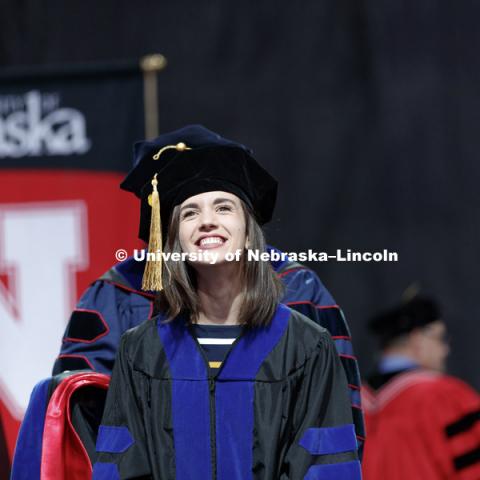 Jessica DeSilva celebrates as she receives her Doctor of Philosophy in mathematics Saturday morning. Summer Commencement at Pinnacle Bank Arena. August 11, 2018. Photo by Craig Chandler / University Communication.