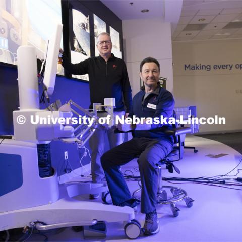 Nebraska Engineering professor and Virtual Incision founder Shane Farritor and Dr. Dmitry Oleynikov. Virtual Incision successfully performed robotic surgery on the International Space Station. Controlled from the Virtual Incision offices in Lincoln, NE, surgeons cut rubber bands–mimicking surgery–inside a payload box on the International Space Station. February 10, 2024. Photo by Craig Chandler / University Communication and Marketing.