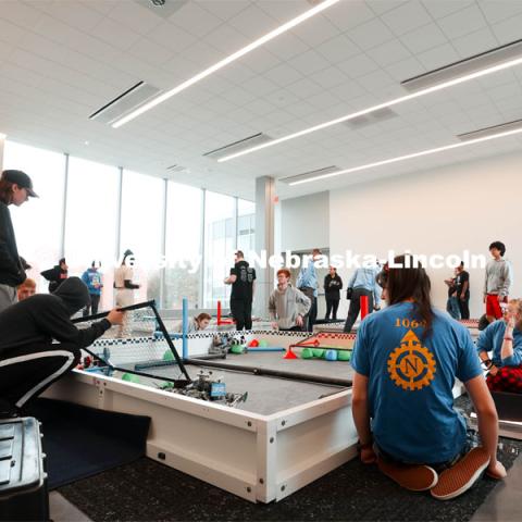Wide view of warmups at the 2024 VEX Robotics Outreach Tournament hosted in Kiewit Hall. February 10, 2024. Photo by Taryn Hamill for University Communication and Marketing.