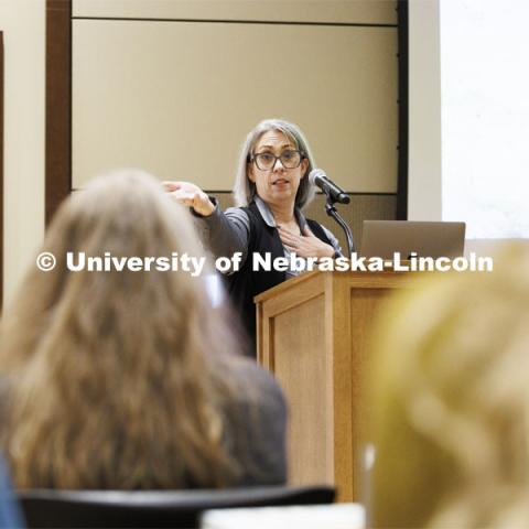 Deborah Bathke, interim Nebraska State Climatologist, talks to the Climate Resilient Communities Symposium. Nebraska East Union. February 27, 2024. Photo by Craig Chandler / University Communication and Marketing.