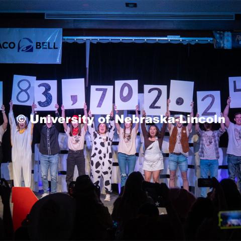 Dance Marathon student staff hold up the grand total raised during Dance Marathon. University of Nebraska–Lincoln students raised $83,702.24 during the annual HuskerThon. Also known as Dance Marathon, the event is part of a nationwide fundraiser supporting Children’s Miracle Network Hospitals. The annual event, which launched in 2006, is the largest student philanthropic event on campus. The mission of the event encourages participants to, “dance for those who can’t.” All funds collected by the Huskers benefit the Children’s Hospital and Medical Center in Omaha. March 2, 2024. Photo by Kirk Rangel.