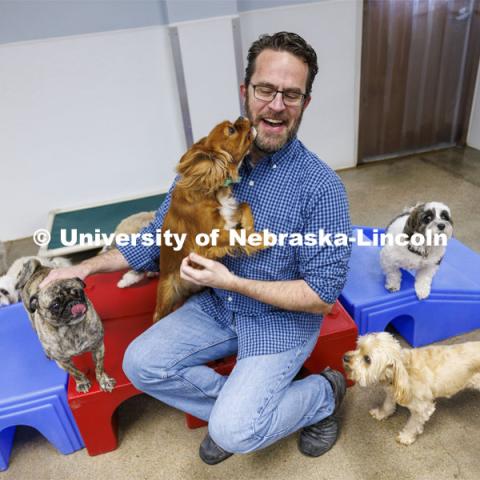 Jeffrey Stevens, Professor of Psychology, is working with the ManyDogs consortium, a world-wide group seeking to have larger data sets of canine information. Stevens is photographed at Camp Bow Wow surrounded by a bunch of dogs. March 14, 2024. Photo by Craig Chandler / University Communication and Marketing.