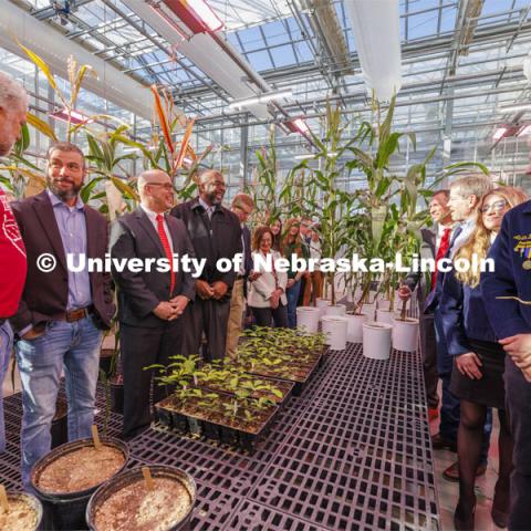 Governor Jim Pillen, at right, and others tour Nebraska Innovation Greenhouse following the Ag Week Proclamation at Nebraska Innovation Greenhouse Tuesday morning. March 20, 2024. Photo by Craig Chandler / University Communication and Marketing.