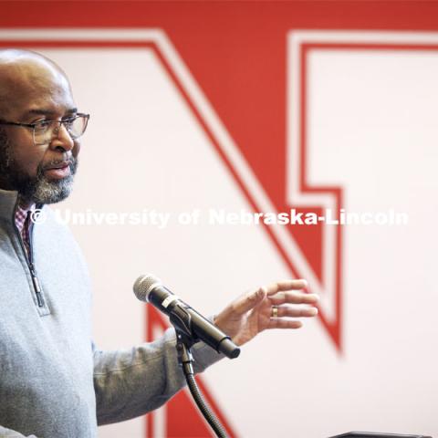 Chancellor Rodney Bennett addresses the students at the Presidential Scholar breakfast before Admitted Student Day. Admitted Student Day is UNL’s in-person, on-campus event for all admitted students. March 23, 2024. Photo by Craig Chandler / University Communication and Marketing.