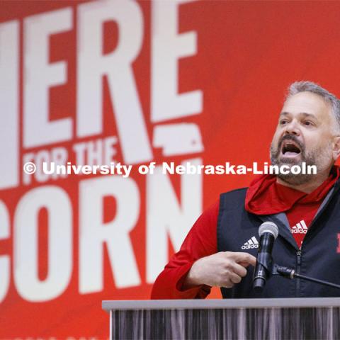 Husker football coach Matt Rhule addressed the crowd at the Admitted Student Day pep rally. Admitted Student Day is UNL’s in-person, on-campus event for all admitted students. March 23, 2024. Photo by Craig Chandler / University Communication and Marketing.
