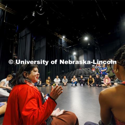 Susan Levine Ourada talks to the dancers before rehearsals. Rehearsal for Evenings of Dance in the Johnny Carson Theater. Event will be held April 11-13. April 9, 2024. Photo by Craig Chandler / University Communication and Marketing.