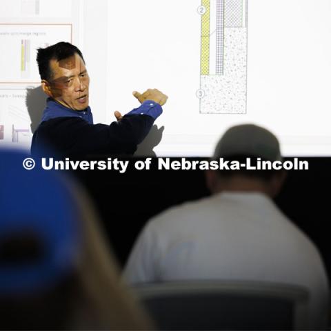 Professor Zhigang Shen explains a wall diagram in CNST 225 - Introduction to Building Information Modeling (BIM) in Kiewit Hall, College of Engineering. April 15, 2024. Photo by Craig Chandler / University Communication and Marketing.