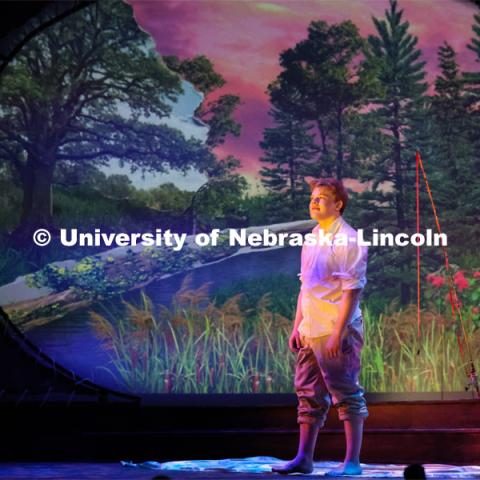 Nate Petsche as the lead of UNL production “Big Fish” in the opening scene. April 22, 2024. Photo by Taryn Hamill for University Communication and Marketing.